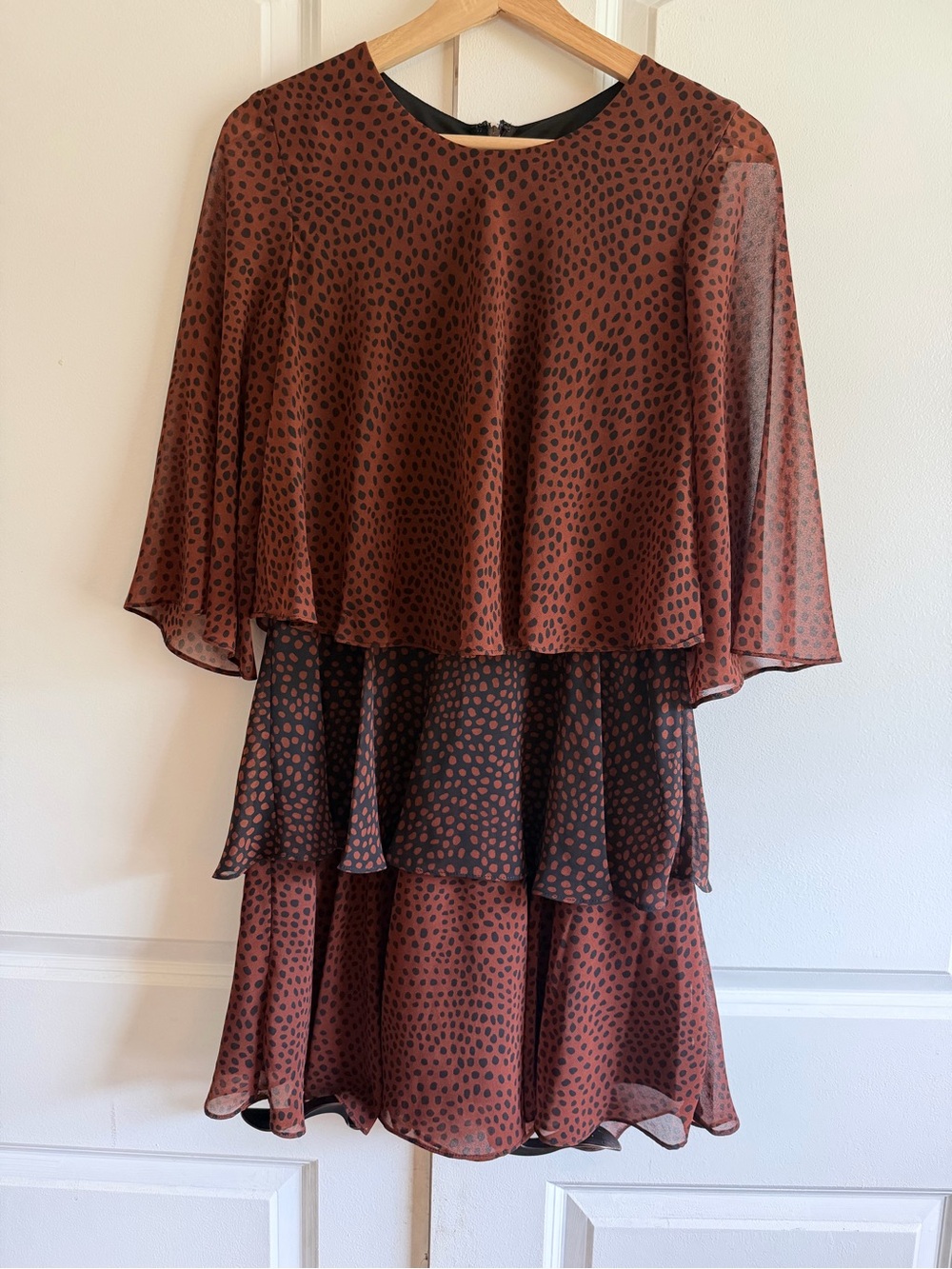 Taylor Rust Brown and Black Tiered Mini Dress Polka Dot Animal Print Fun Cute
